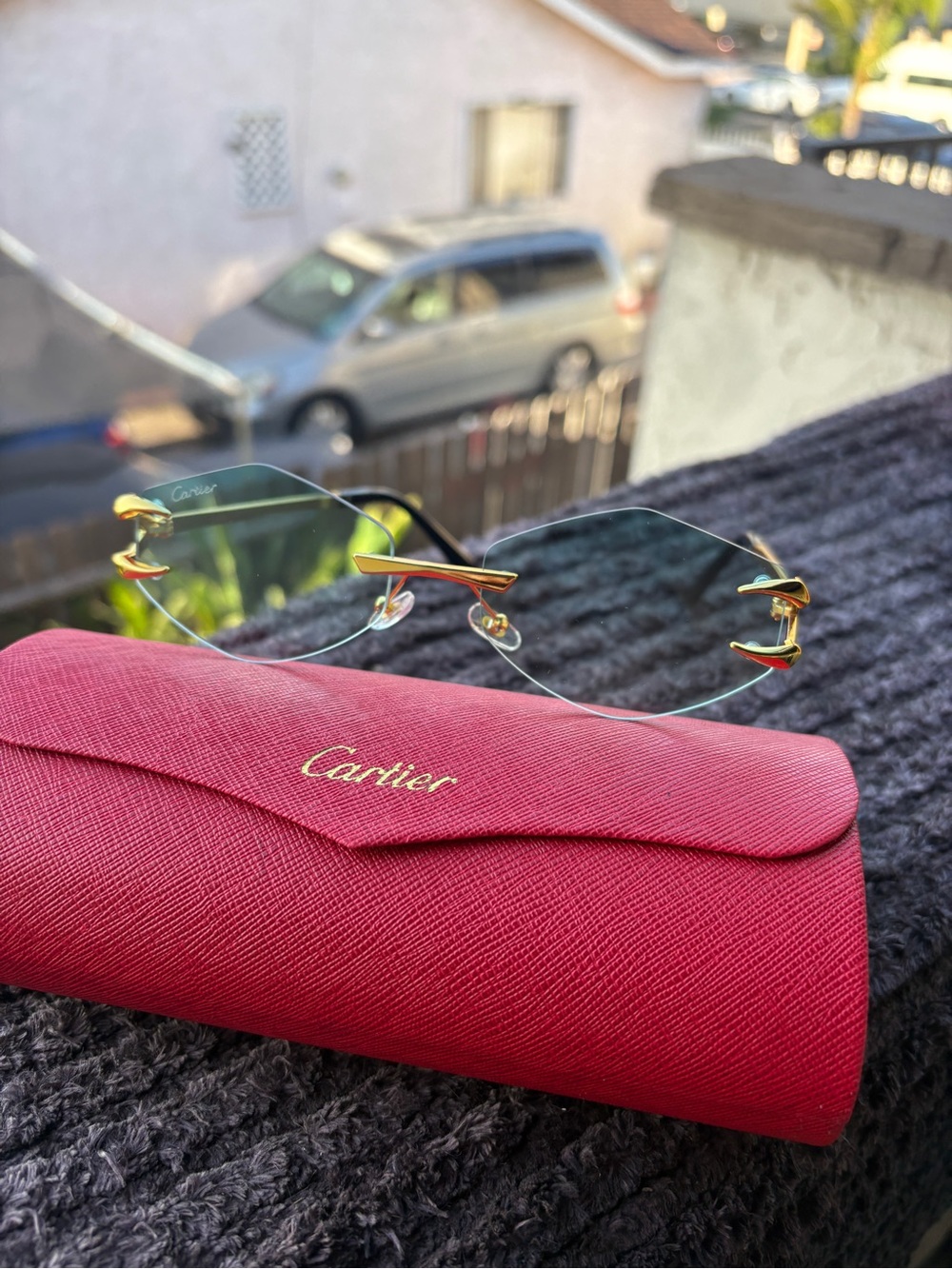 Cartier Rimless Women's Sunglasses with Green Lenses and Gold Accents